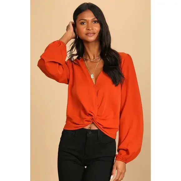 Lulus Twisty Business Orange Twist-Front Long Sleeve Top Sz L Hippy Romantic - Picture 1 of 9